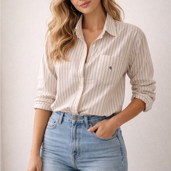 Lauren Ralph Lauren Beige Striped Button-Down Shirt - Picture 3 of 9